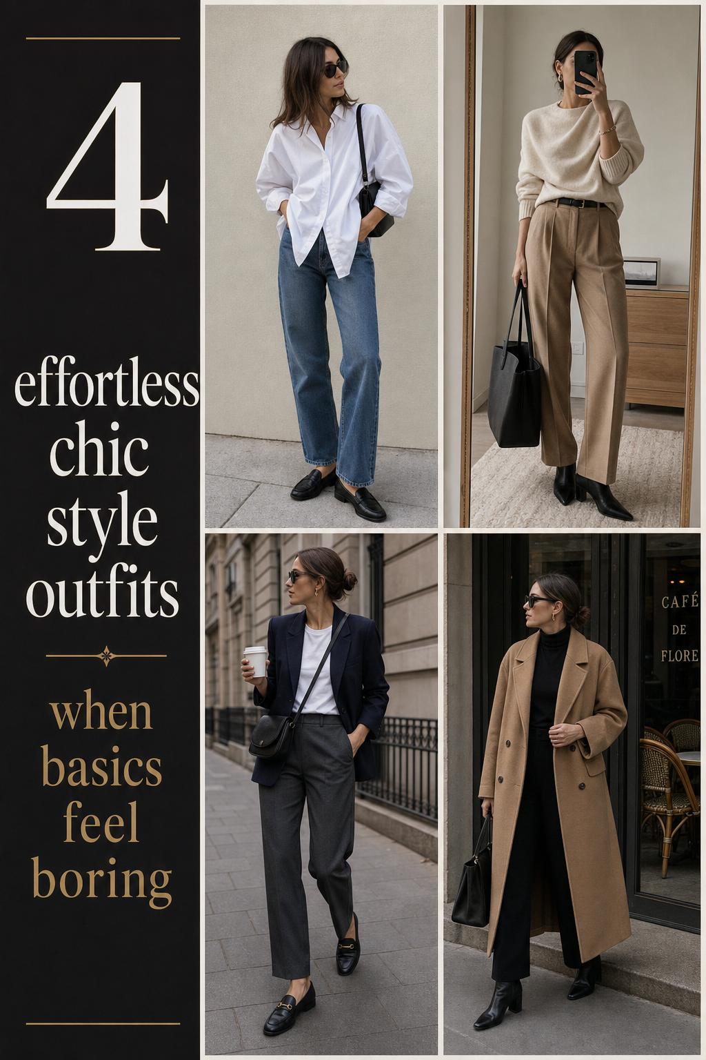 Effortless chic style outfit grid with four neutral everyday looks: poplin shirt and jeans, knit and trousers, blazer set, camel coat.