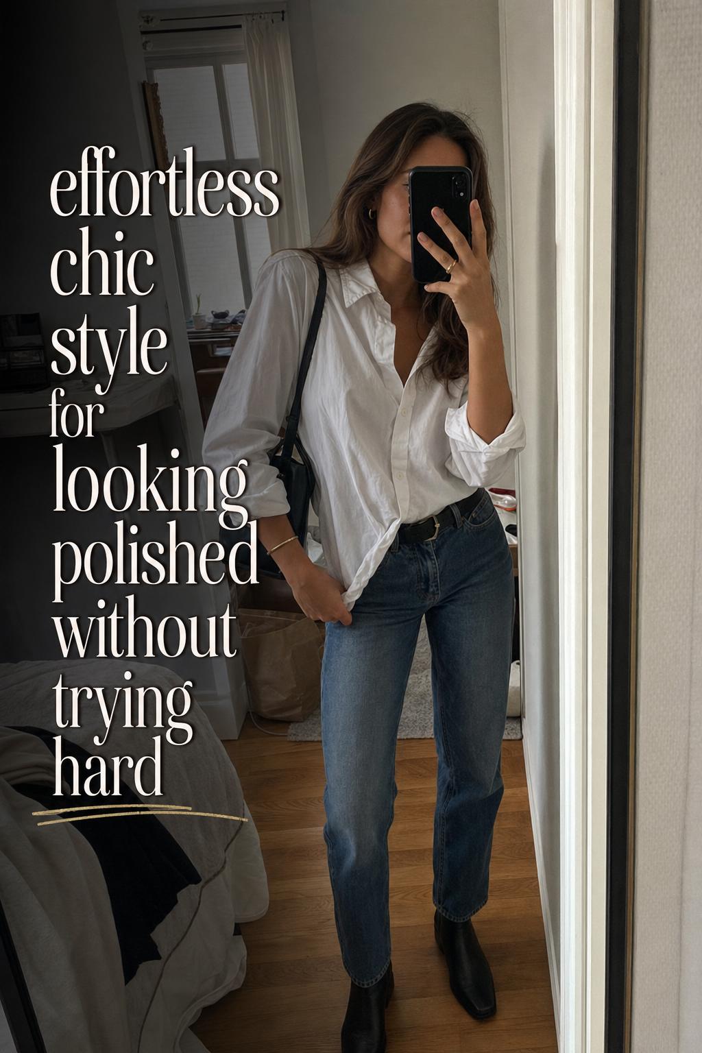 Mirror selfie in apartment hallway wearing oversized white shirt and jeans, showcasing effortless chic style with casual bag