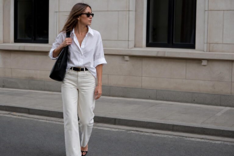 Effortless chic style outfit with white button-down, straight-leg jeans, loafers, and a structured bag in the city