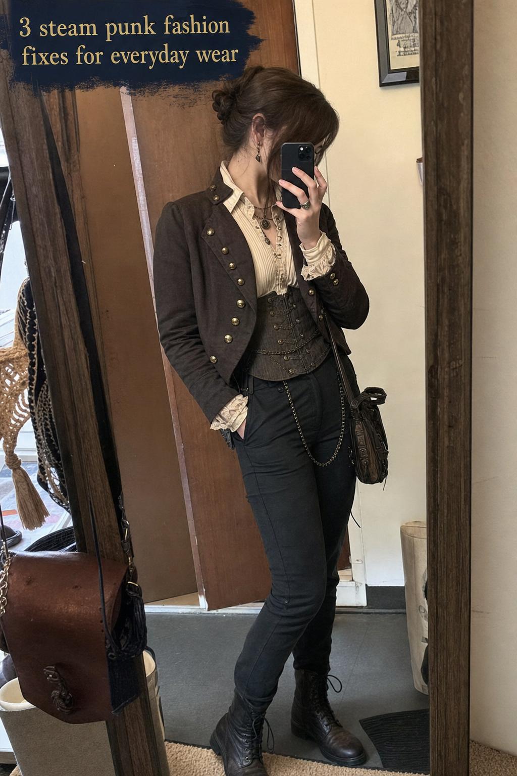 Young adult mirror selfie in hallway wearing wearable steam punk fashion with cream blouse, waistcoat, cropped jacket and boots