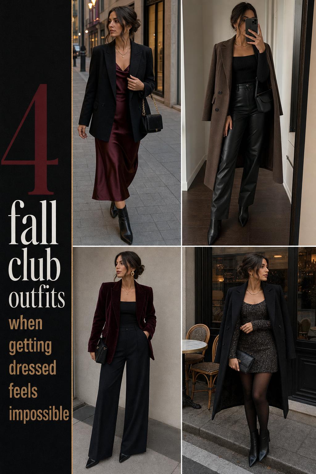 Fall club outfits grid with four polished nightlife looks in modern urban settings, featuring blazers, satin, velvet, and boots