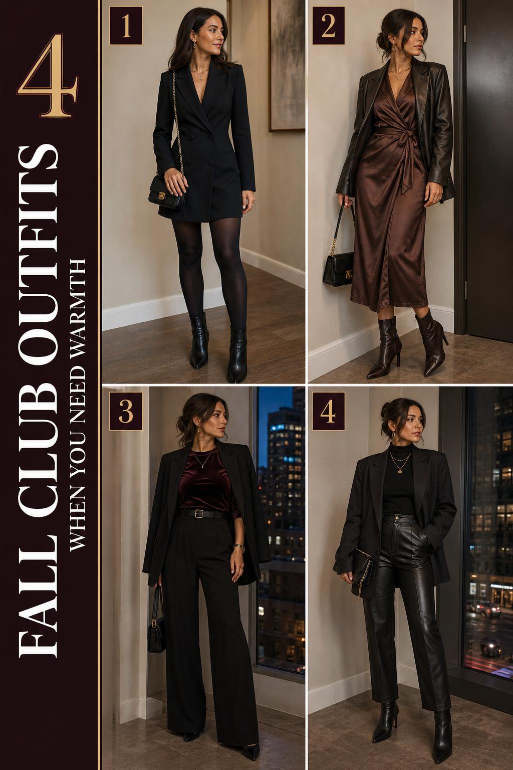 Fall club outfits checklist pin featuring four warm nightlife looks with blazer dress, satin wrap, velvet trousers, and leather pants