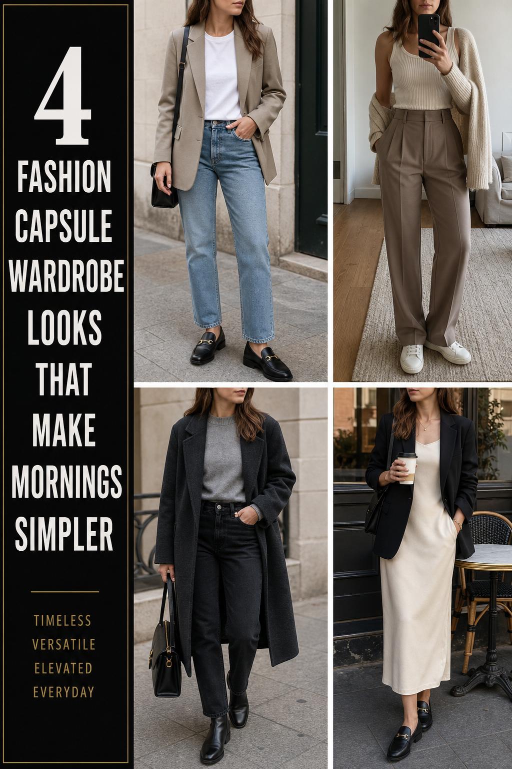 Fashion capsule wardrobe outfit grid with four neutral urban looks featuring jeans, blazers, knits, trousers, and loafers