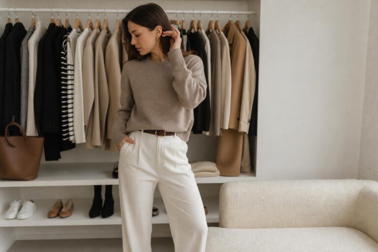 Fashion capsule wardrobe essentials neatly arranged with neutral tops, denim, coat, knitwear, loafers, and accessories