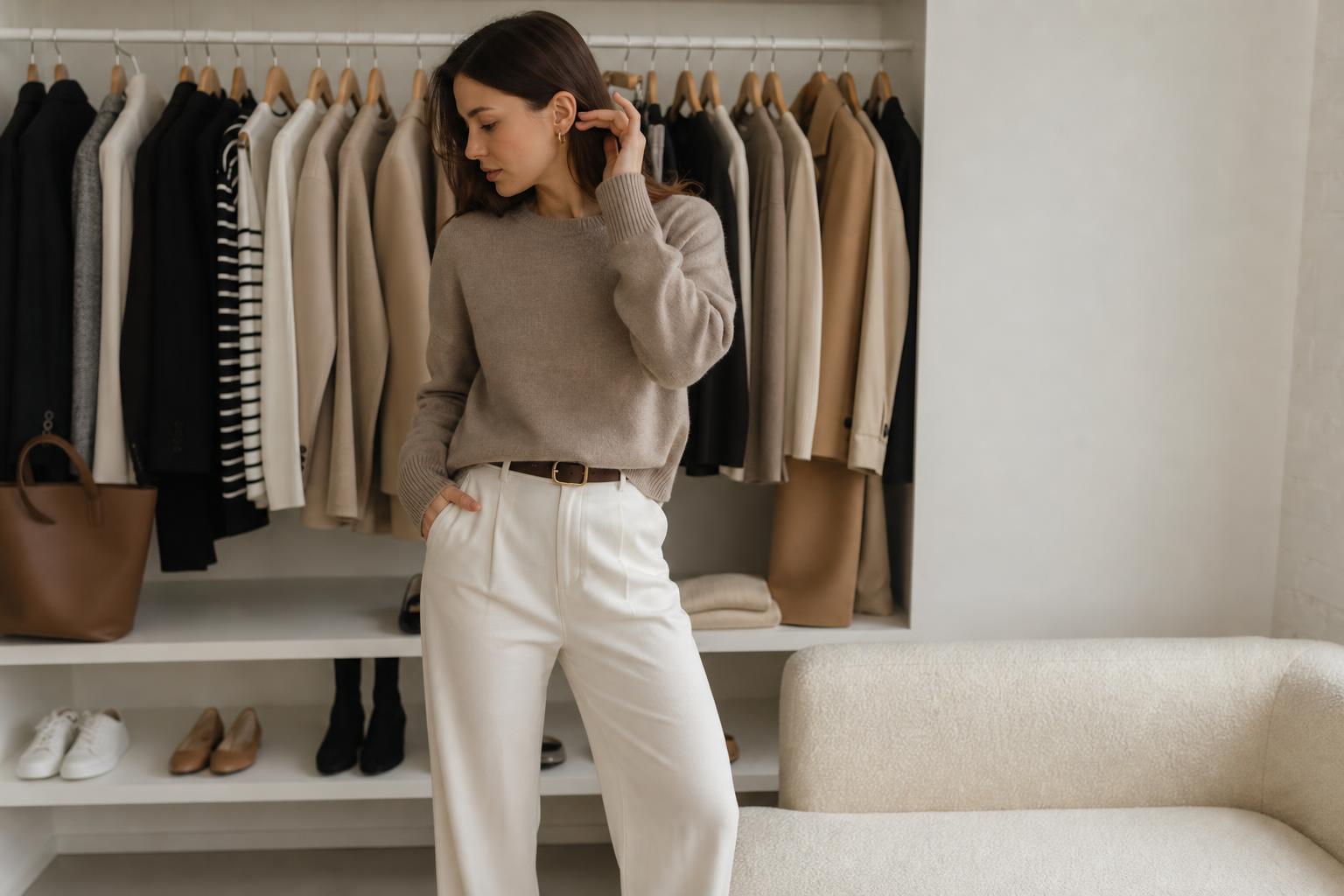 Fashion capsule wardrobe essentials neatly arranged with neutral tops, denim, coat, knitwear, loafers, and accessories