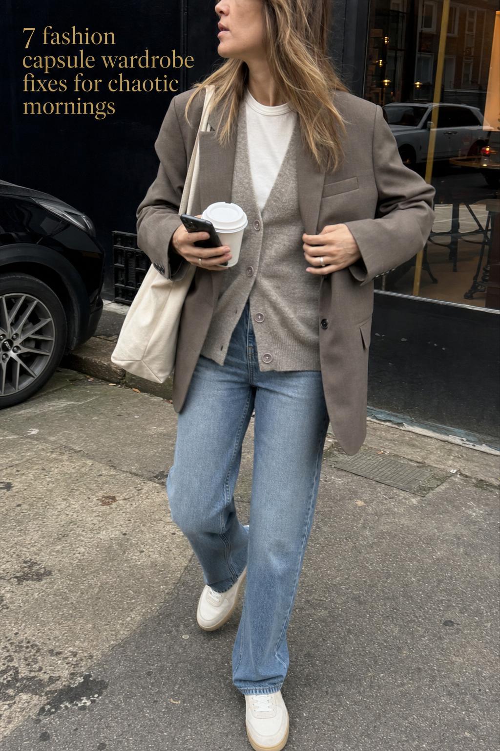 Woman adjusting blazer on city sidewalk with coffee, wearing a neutral fashion capsule wardrobe outfit in morning light