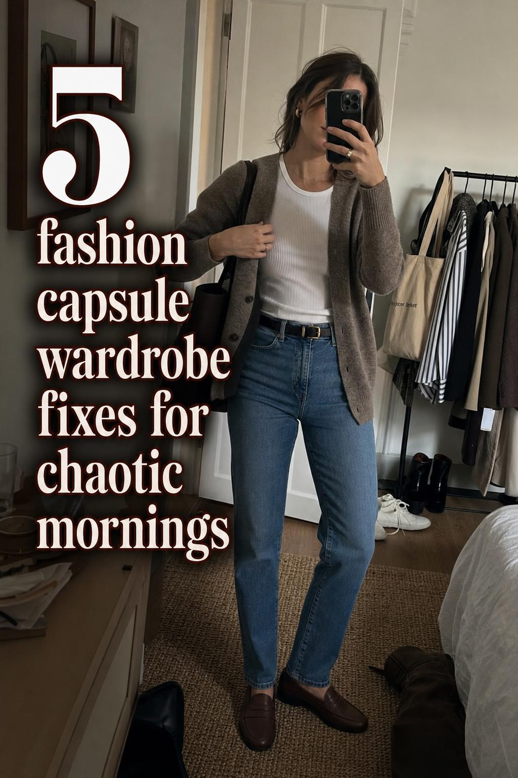 Woman mirror selfie in messy apartment wearing neutral layers, showing a fashion capsule wardrobe look with text overlay.