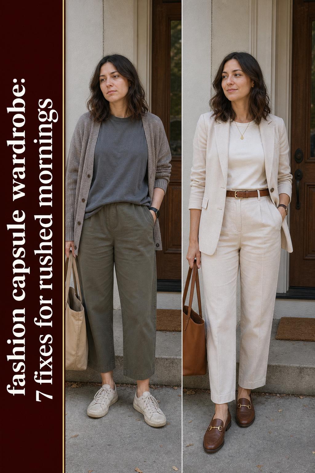 Fashion capsule wardrobe with neutral outfits neatly arranged on a clothing rack in a bright minimalist room