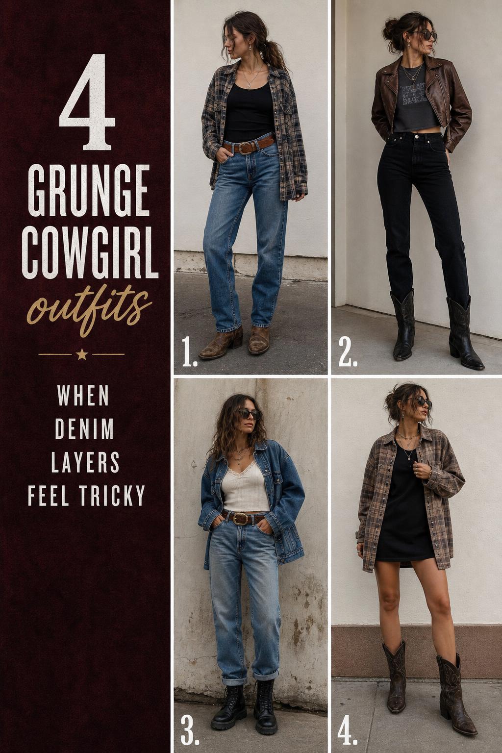 Grunge cowgirl outfits visual checklist showing four wearable denim-layered looks in a clean Pinterest-style grid
