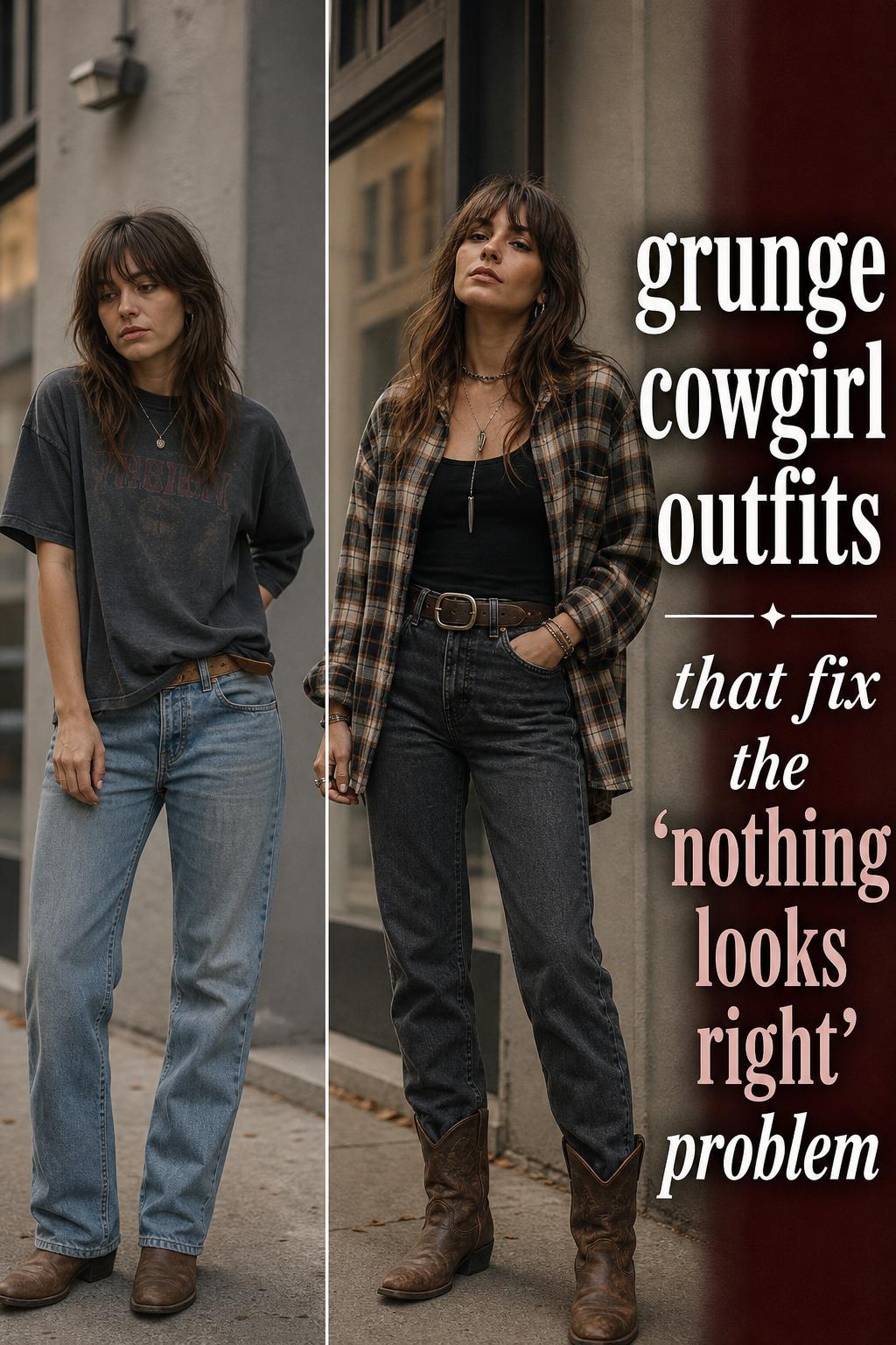 Grunge cowgirl outfits featuring distressed denim, plaid shirt, and leather boots in a rustic western setting