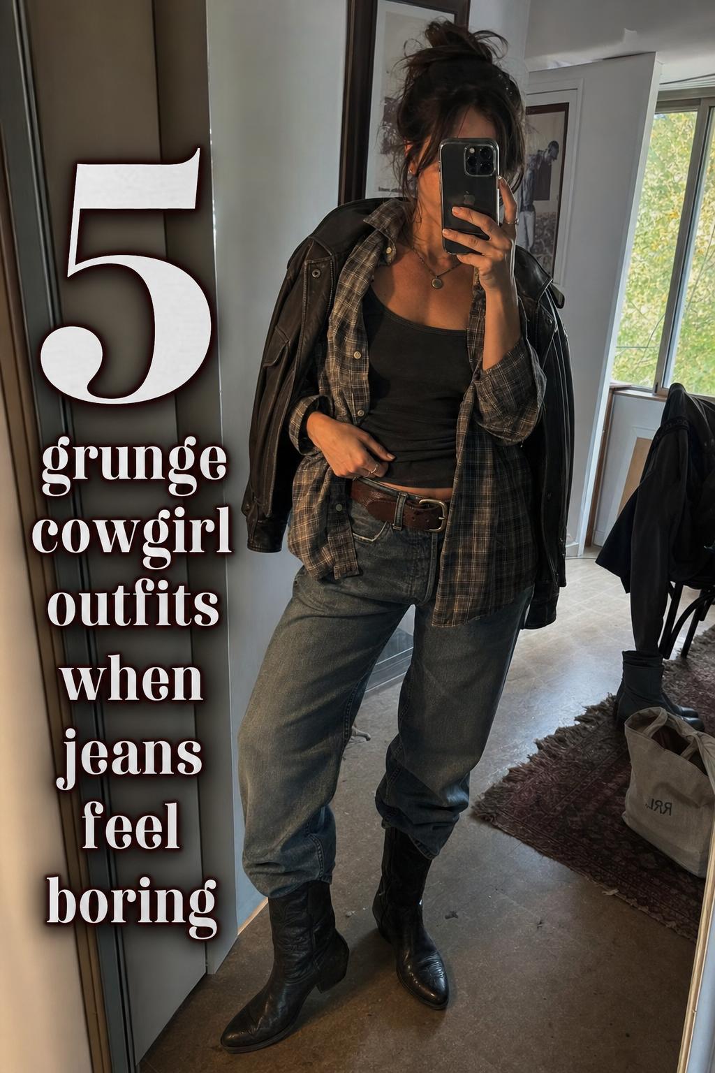 Mirror selfie of a woman wearing grunge cowgirl outfits with plaid shirt, denim jeans, and black cowboy boots in a messy bedroom