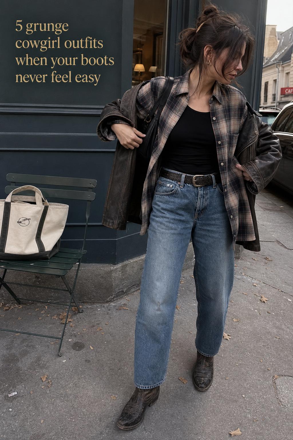 Candid street-style photo of grunge cowgirl outfits with plaid shirt, black tank, straight-leg denim and worn cowboy boots