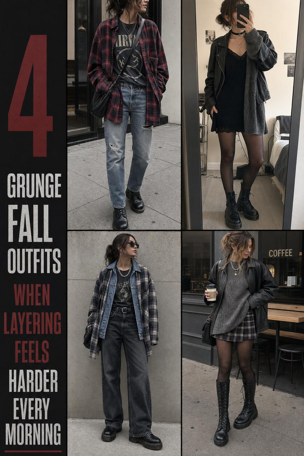 Grunge fall outfits grid with 4 wearable early-fall 90s Seattle-inspired looks in moody city and apartment settings