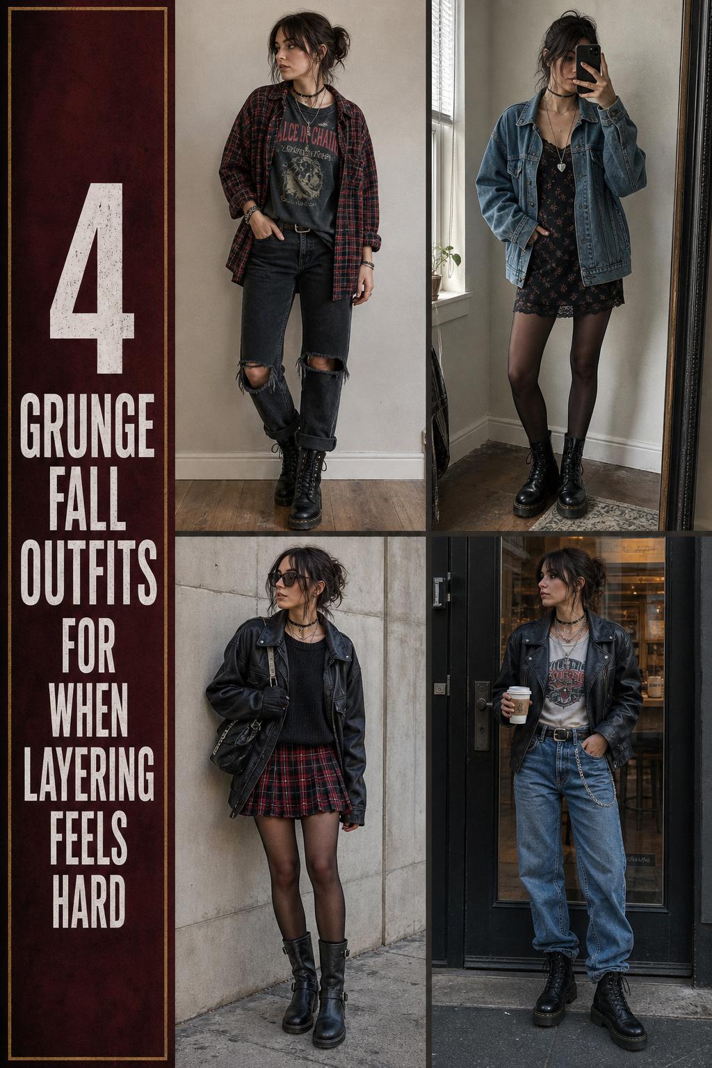 Grunge fall outfits checklist pin with four Seattle 90s-inspired layered looks in moody daylight settings.