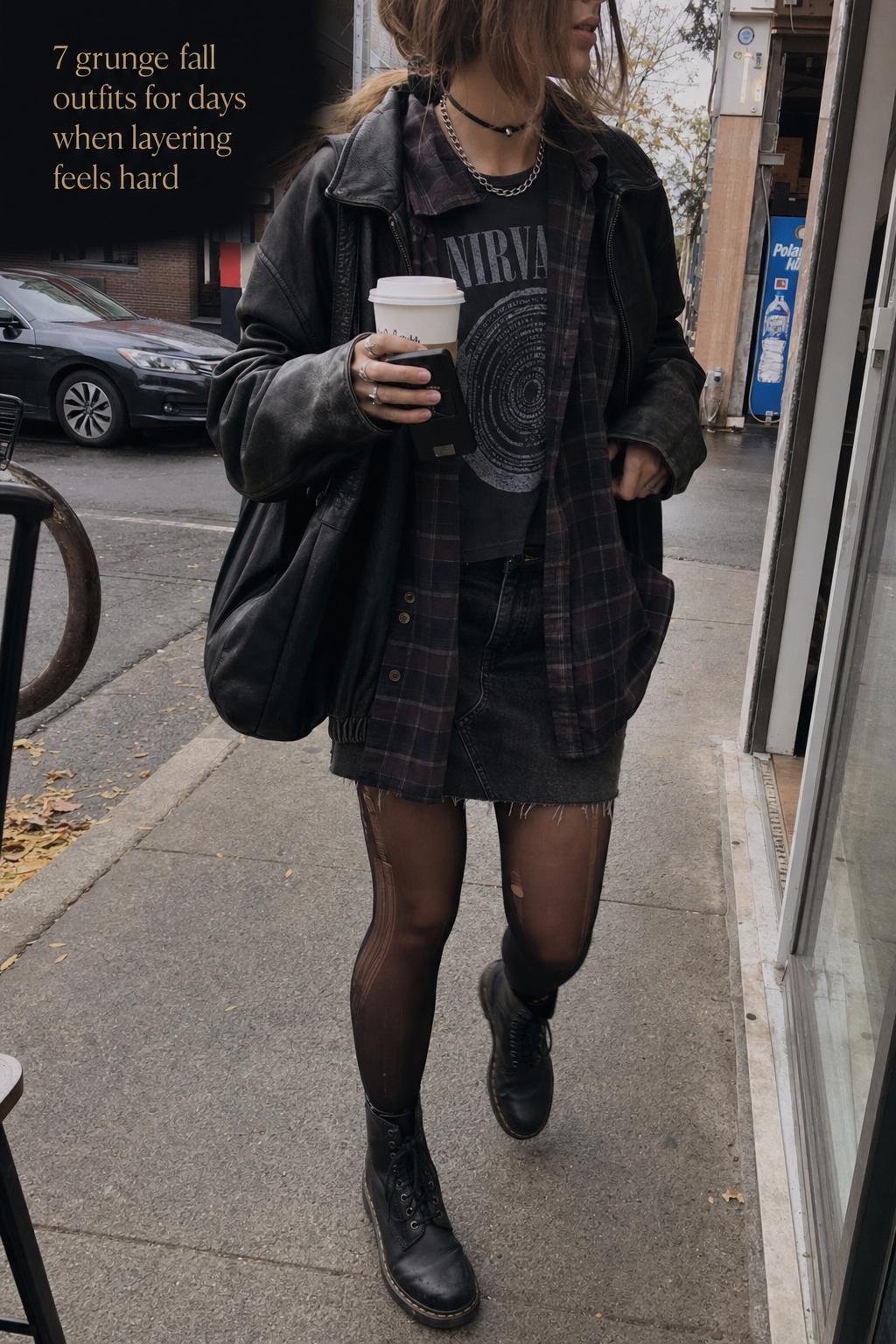 Candid street photo of layered grunge fall outfits with flannel, band tee, tights and combat boots during a coffee run