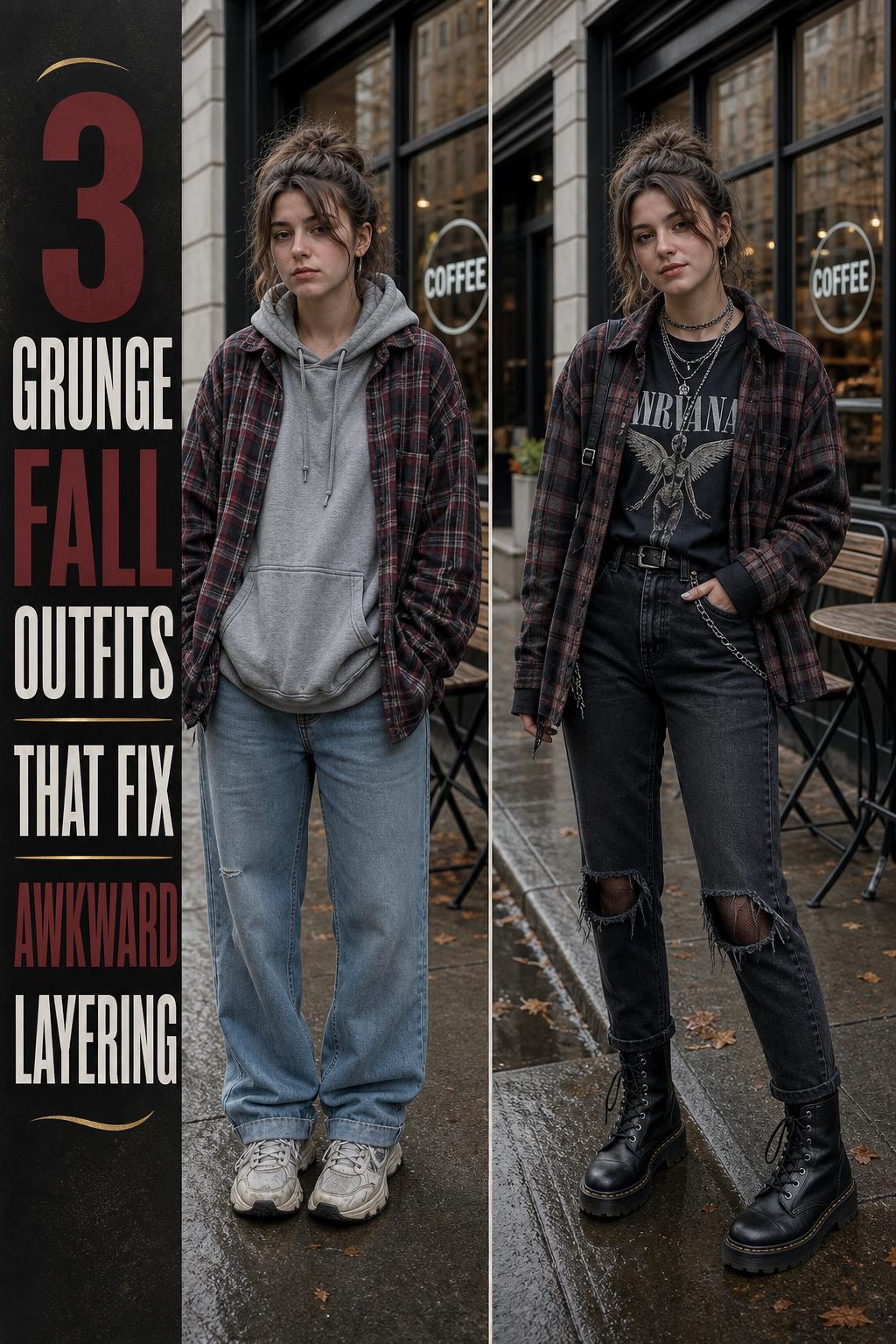 Grunge fall outfits styled with layered flannel shirt, ripped jeans, and combat boots on a city street