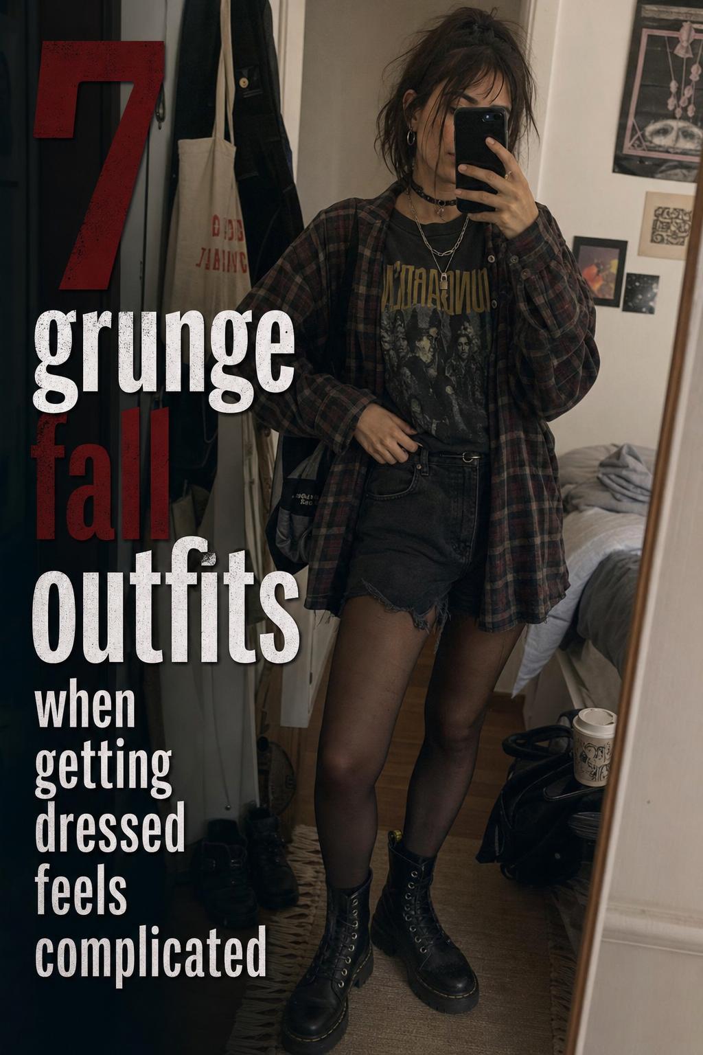 Mirror selfie of young woman in plaid flannel and boots showing grunge fall outfits in a cozy apartment hallway