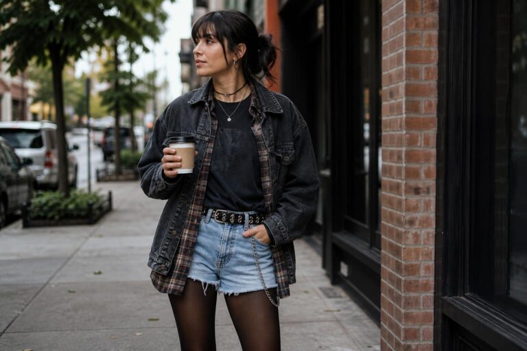 Grunge fall outfits with oversized plaid flannel, band tee, distressed jeans and combat boots on a city street