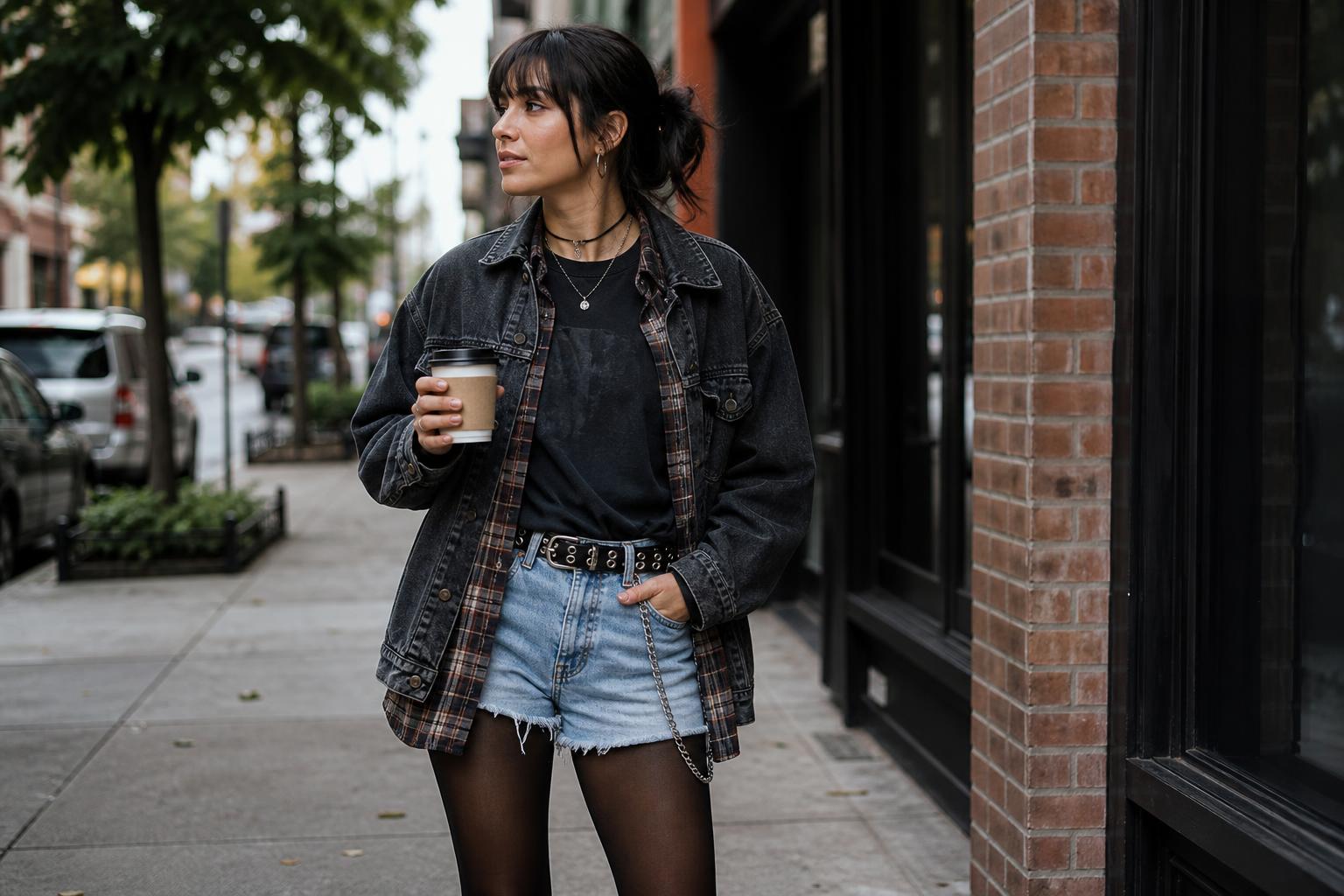 Grunge fall outfits with oversized plaid flannel, band tee, distressed jeans and combat boots on a city street