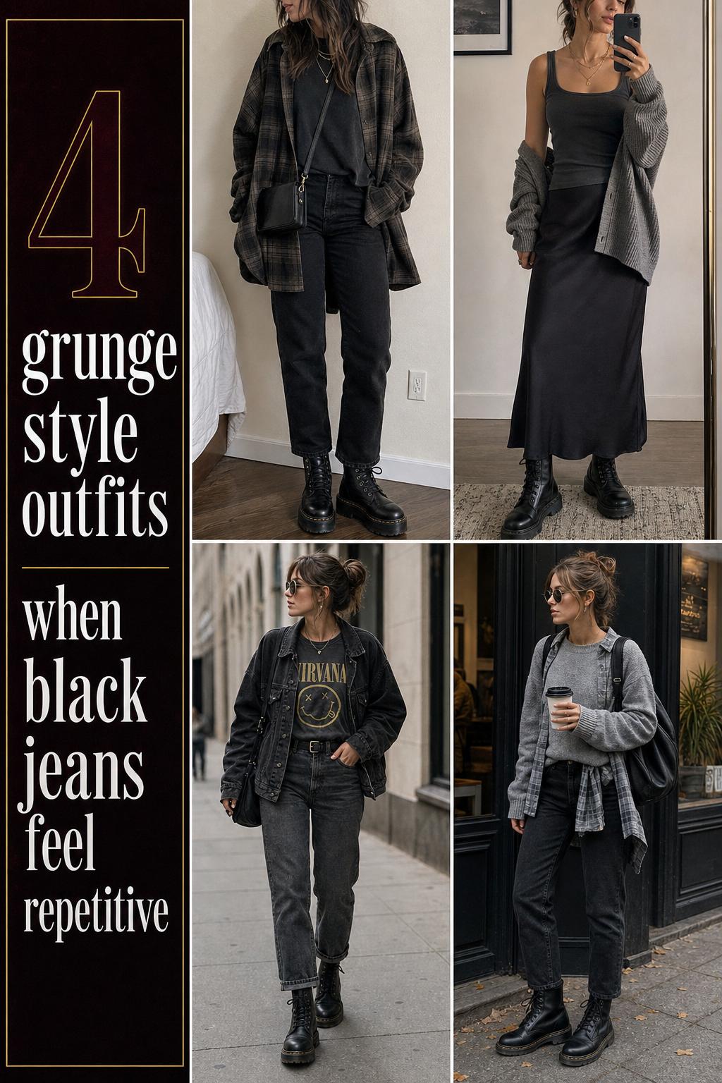 Grunge style outfits grid with four modern wearable looks featuring flannel, black jeans, denim jacket, and chunky boots