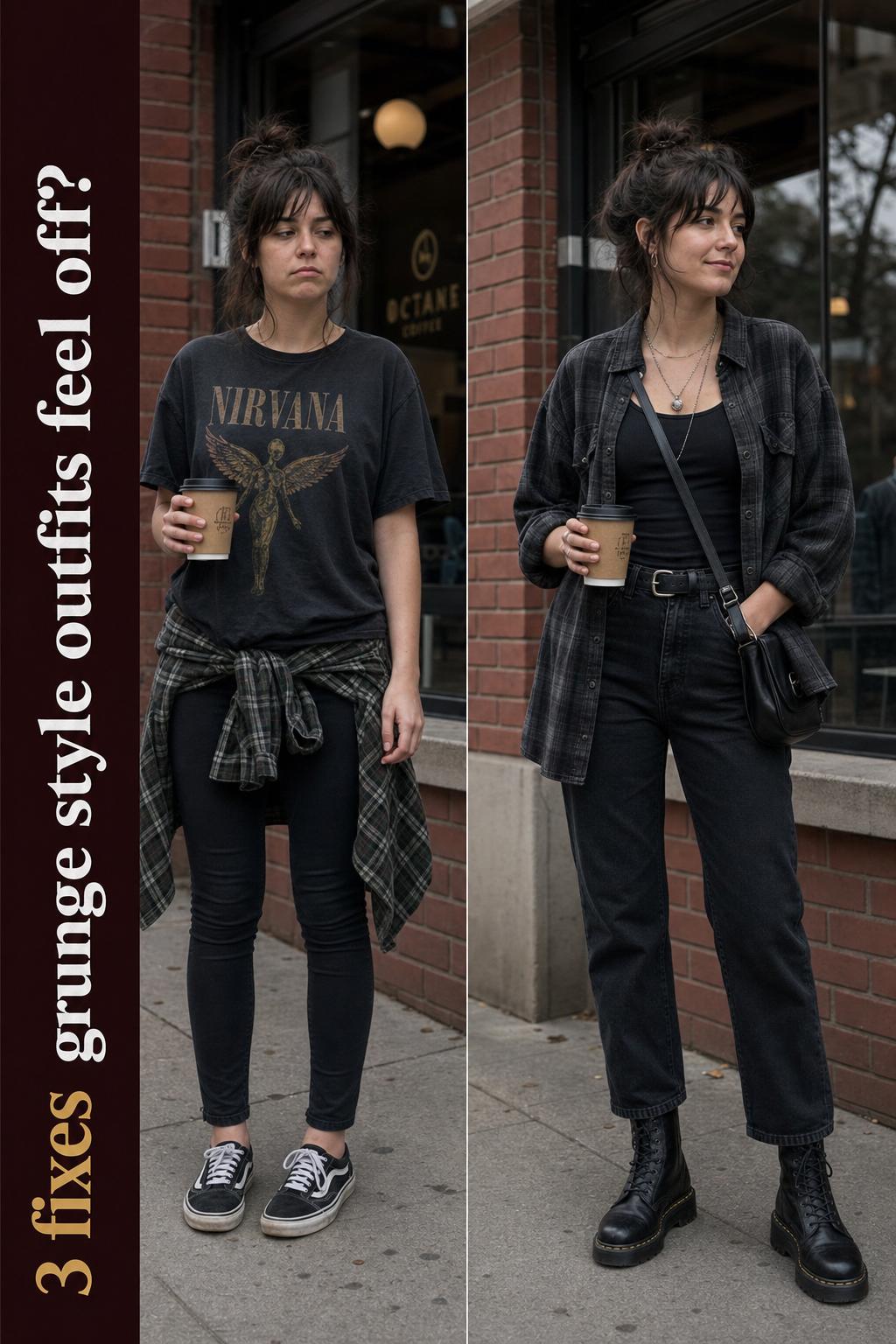 Grunge style outfits featuring layered flannel, ripped jeans, and combat boots in an urban street setting