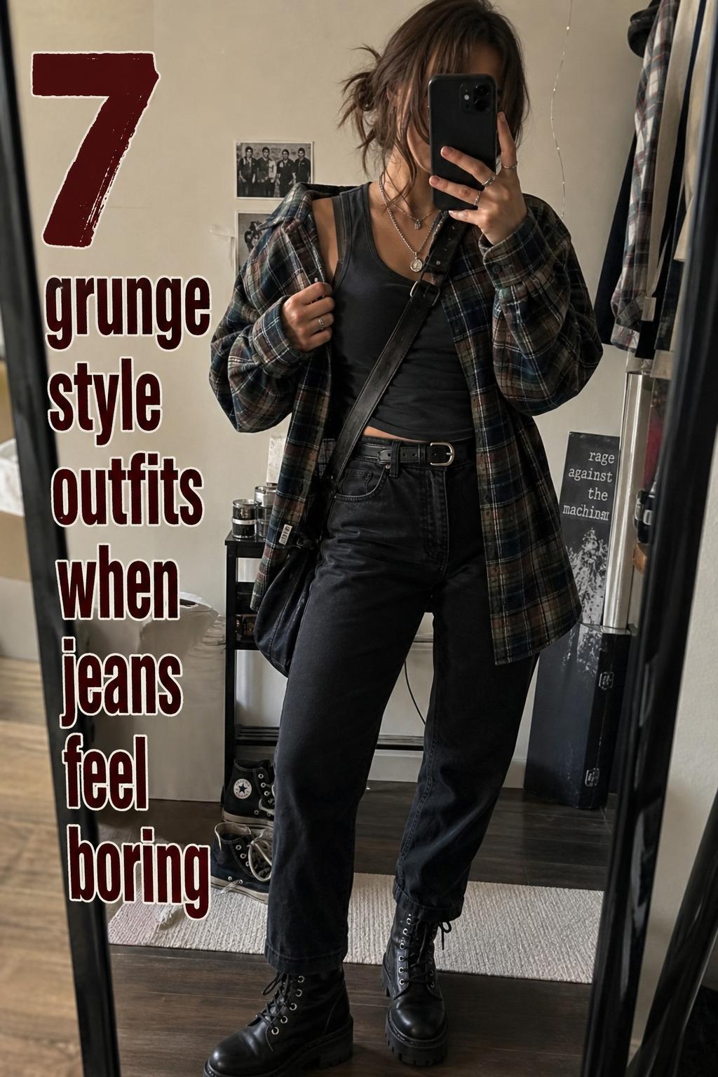 Mirror selfie of a person in grunge style outfits with oversized plaid flannel, black jeans, combat boots, and text overlay