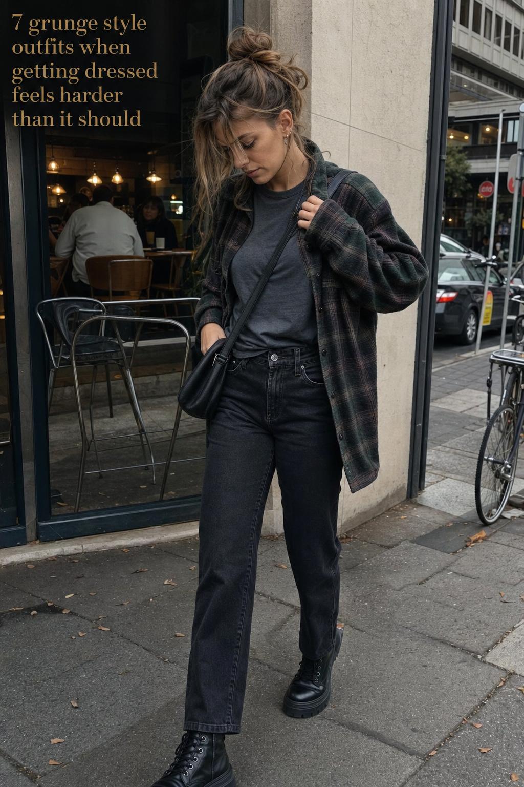 Candid street photo of grunge style outfits with flannel, black jeans and combat boots walking past a city cafe
