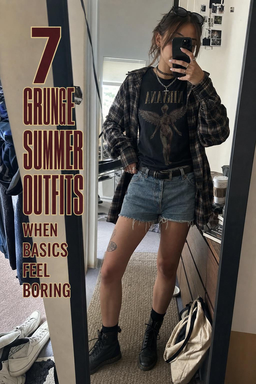 Mirror selfie outfit check featuring grunge summer outfits with band tee, denim cutoffs, plaid flannel, and combat boots