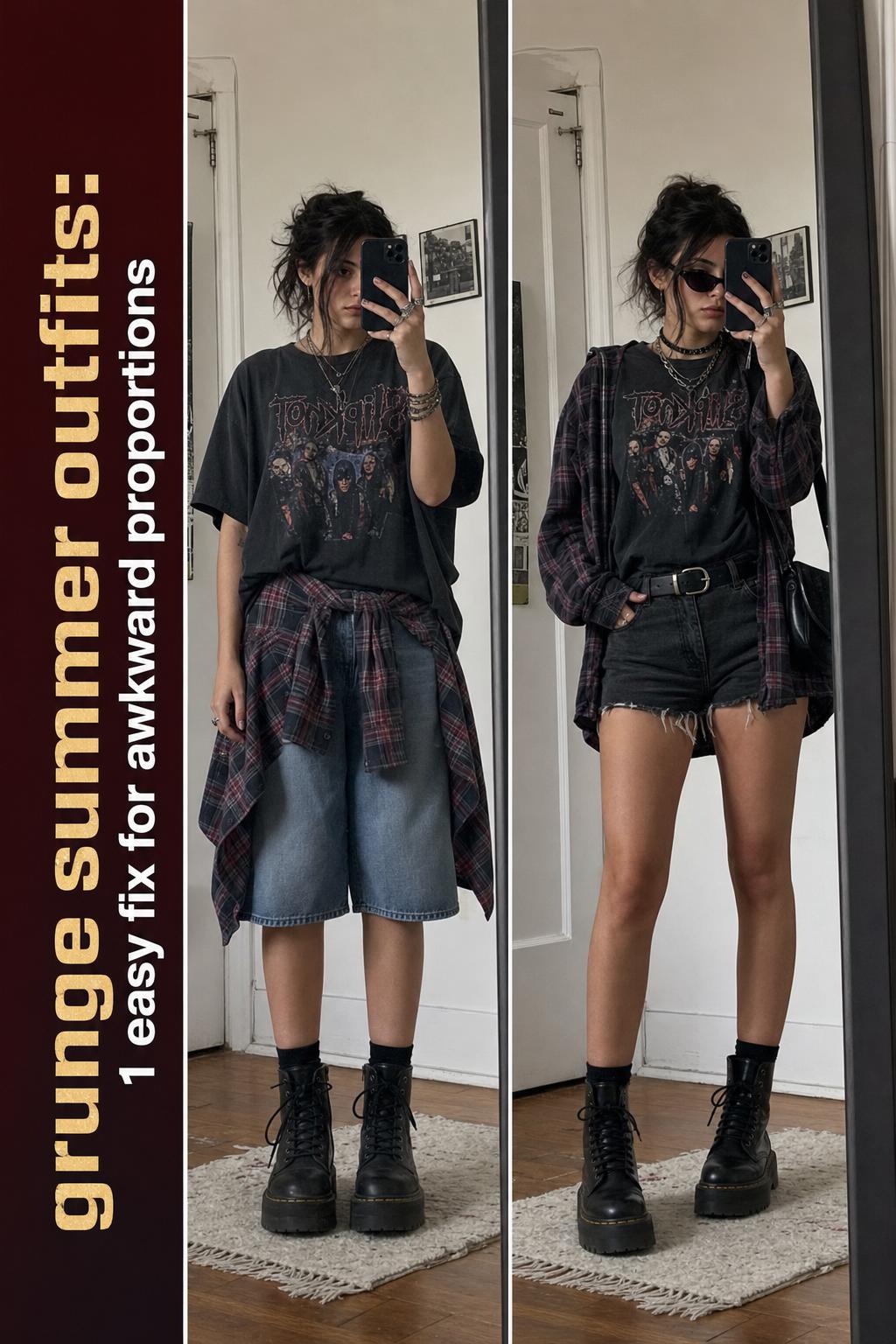 Grunge summer outfits with ripped denim shorts, band tee, and combat boots on a city street