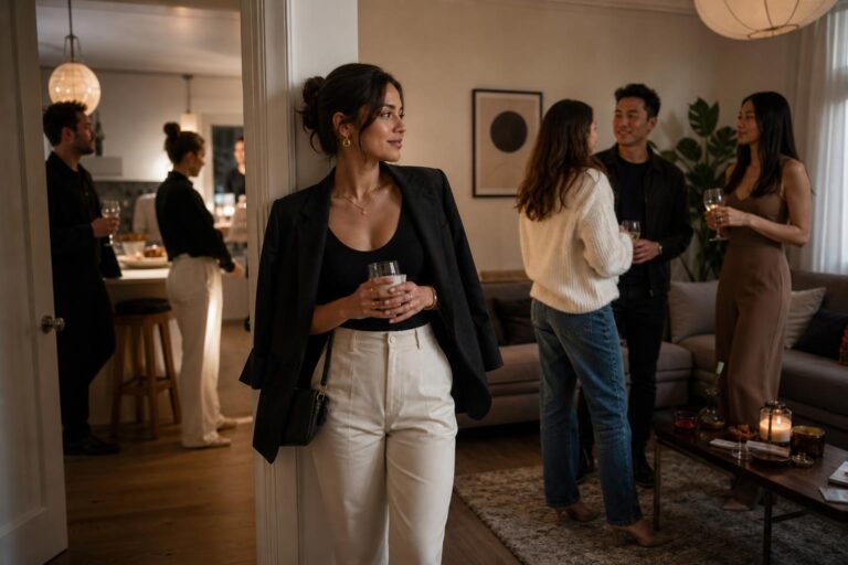 House party outfits styled with a blazer, bodysuit, and high-waisted jeans for a polished indoor party look
