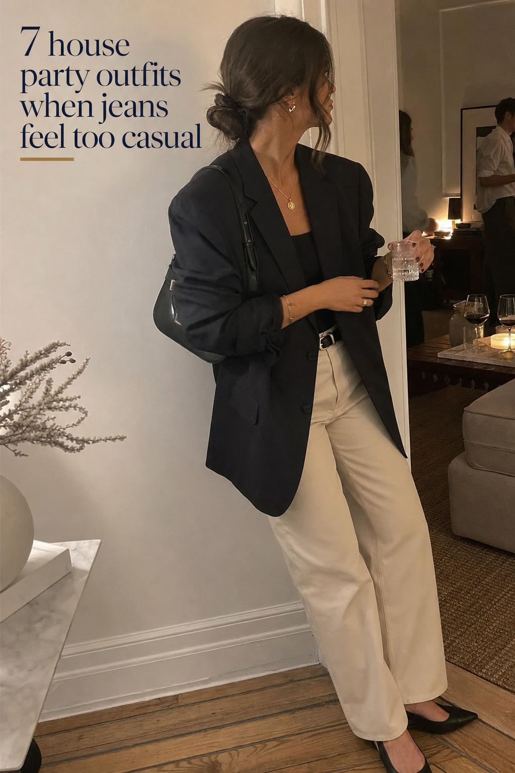 House party outfits idea with blazer and jeans in a cozy living room, candid indoor snapshot with text overlay