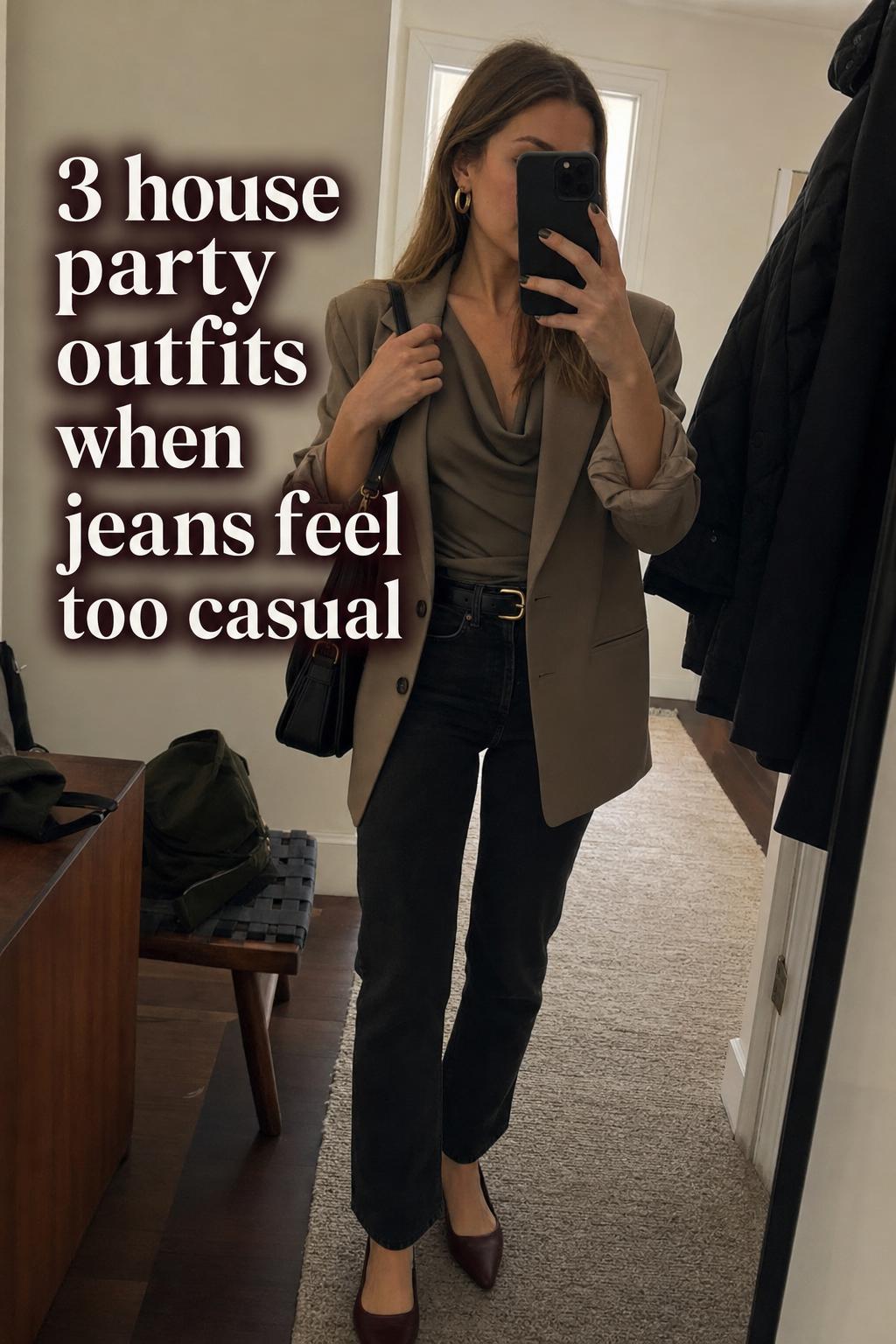 House party outfits mirror selfie featuring dark jeans, draped top, blazer, shoulder bag, and flats in a lived-in hallway