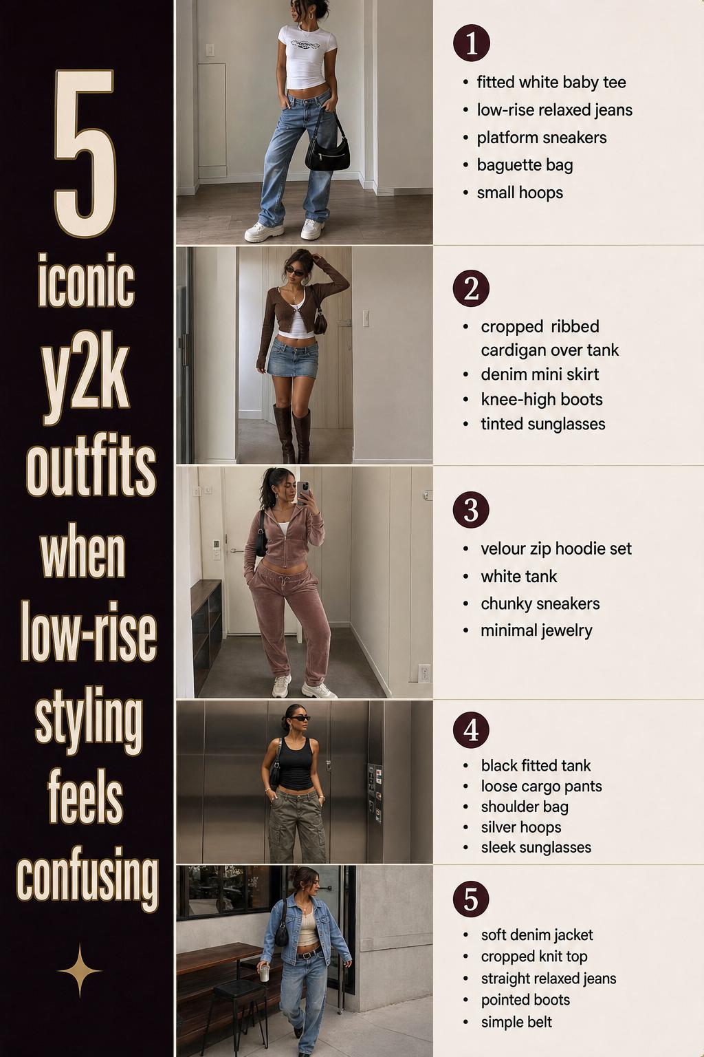 Iconic y2k outfits checklist with five wearable looks, low-rise jeans, denim mini skirt, cargos, and velour set