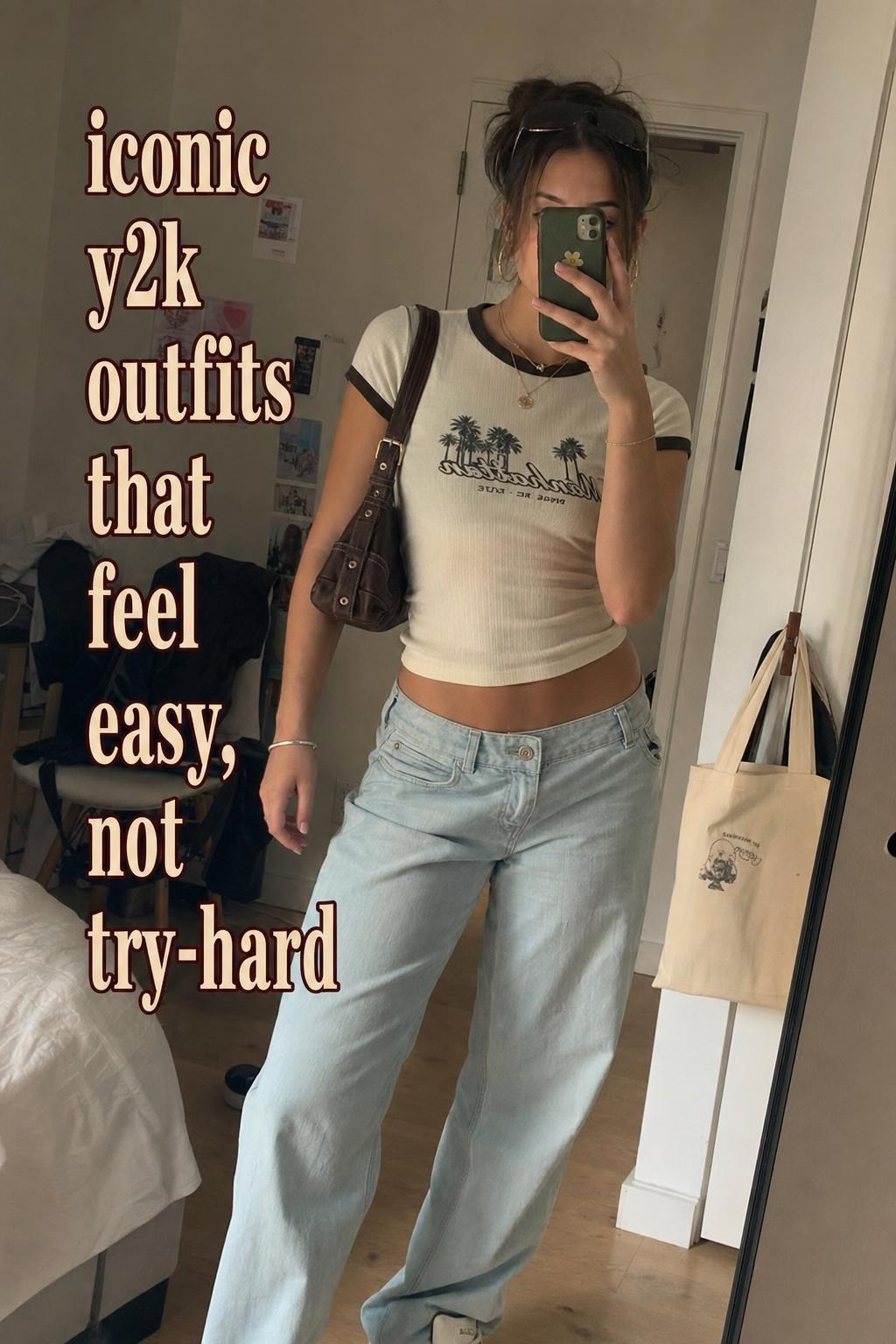 Mirror selfie of a casual apartment outfit with low-rise jeans and baby tee, featuring iconic y2k outfits text overlay