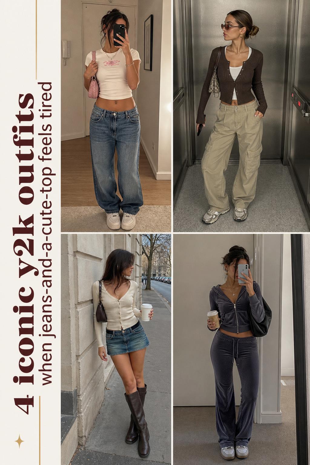 Iconic y2k outfits collage with 4 modern wearable looks in muted denim and neutrals, styled in everyday urban settings