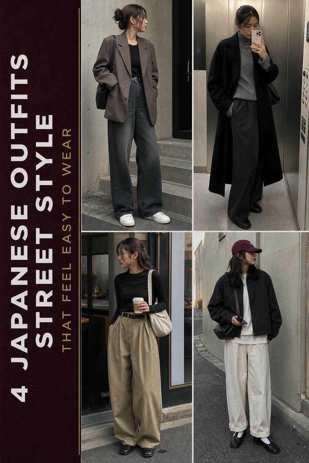 Pinterest collage of japanese outfits street style with four Tokyo-inspired streetwear looks in soft neutral tones