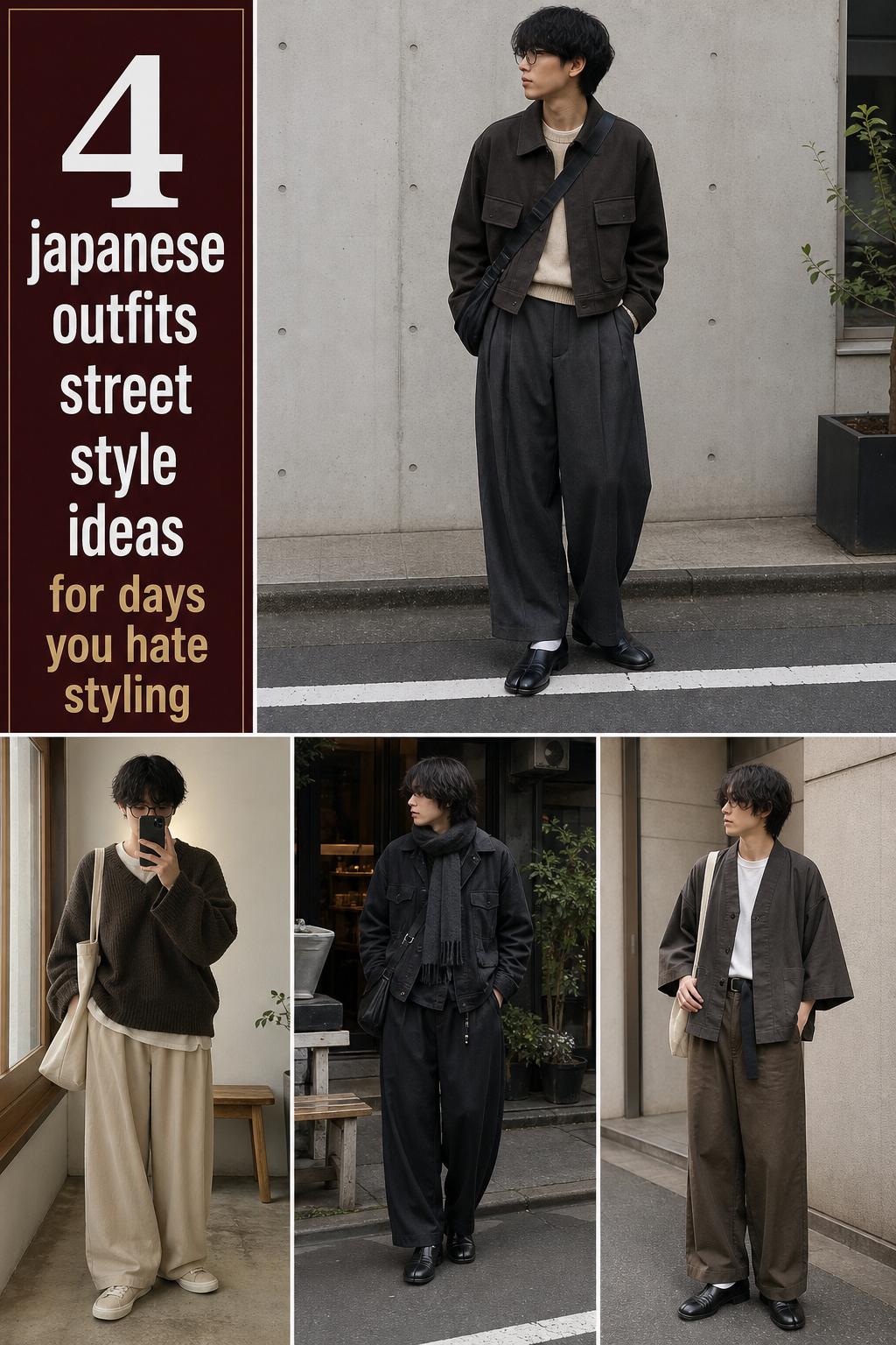 Japanese outfits street style checklist with 4 wearable Tokyo-inspired looks in a clean Pinterest grid, muted neutrals