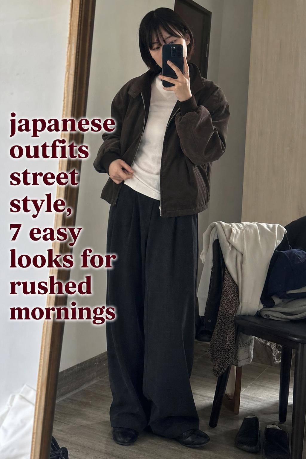 japanese outfits street style mirror selfie in a lived-in apartment, wide-leg trousers and utility jacket with casual sneakers