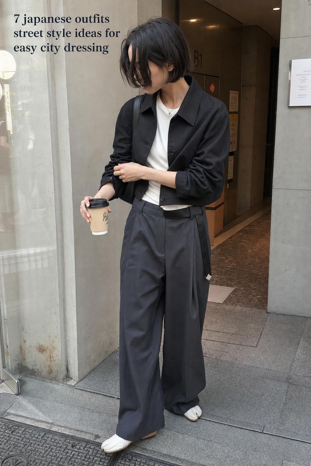 Candid Tokyo street photo of japanese outfits street style with wide-leg charcoal trousers and cropped jacket, coffee in hand