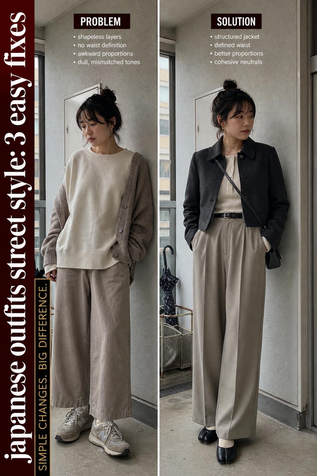 Japanese outfits street style on a Tokyo sidewalk, featuring layered jackets and modern accessories.