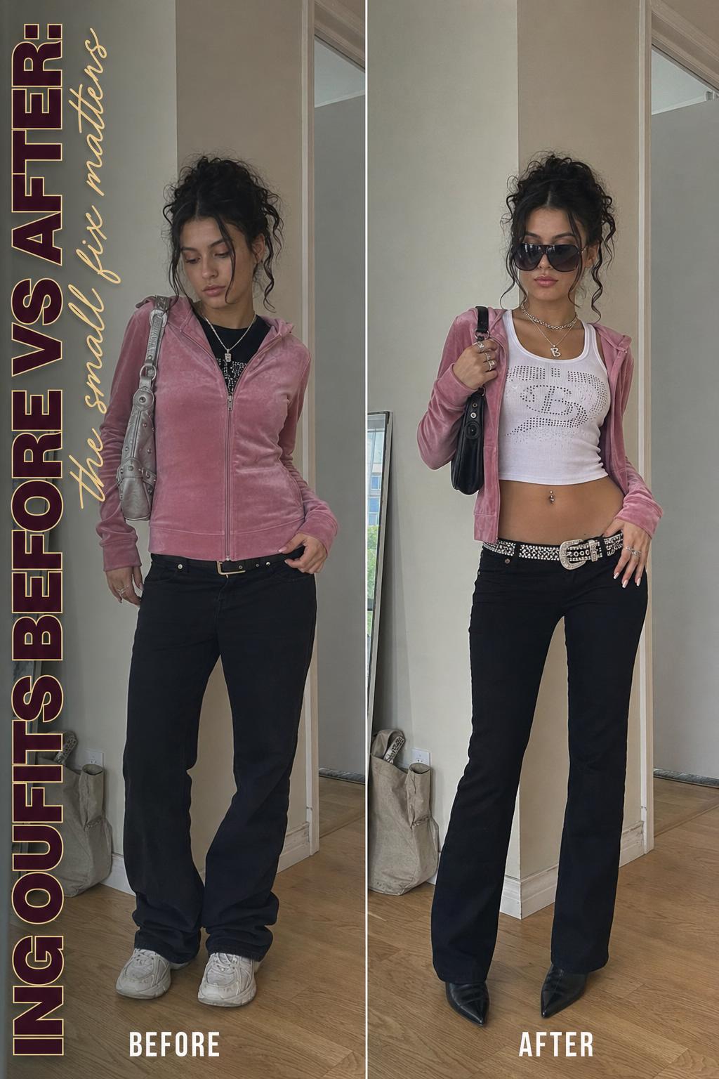 Street-style photo of mcbling outfits with pink rhinestone top, low-rise jeans, and glossy accessories