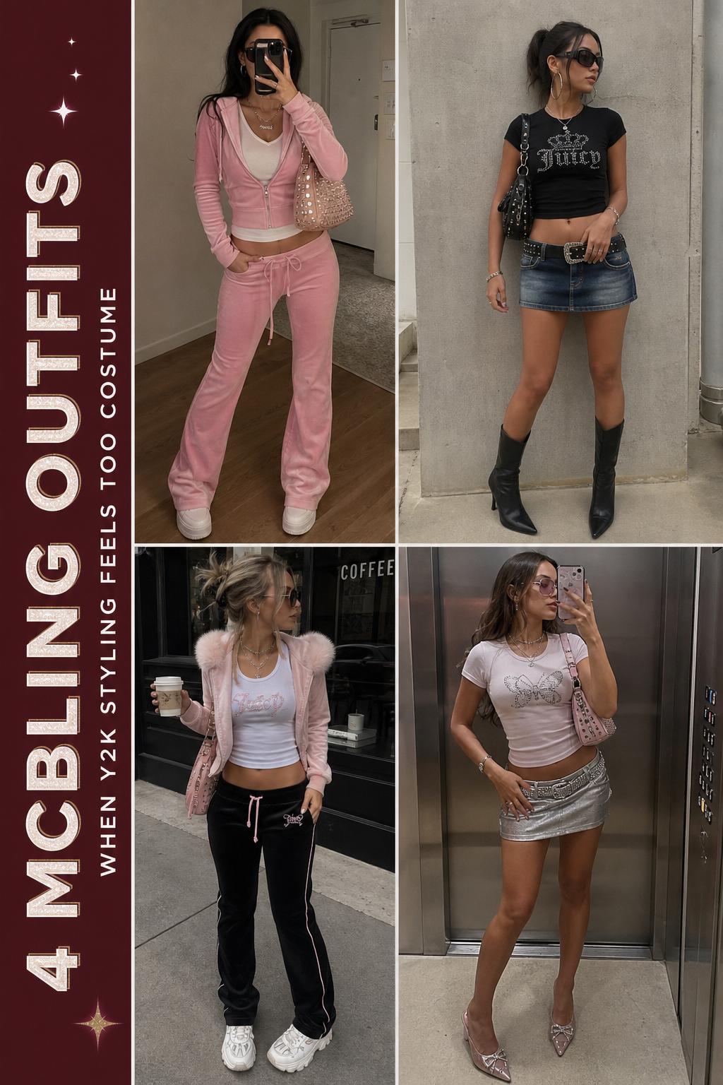 Mcbling outfits grid featuring four wearable Y2K-inspired looks with pink velour, black denim, metallic accents, and sunglasses
