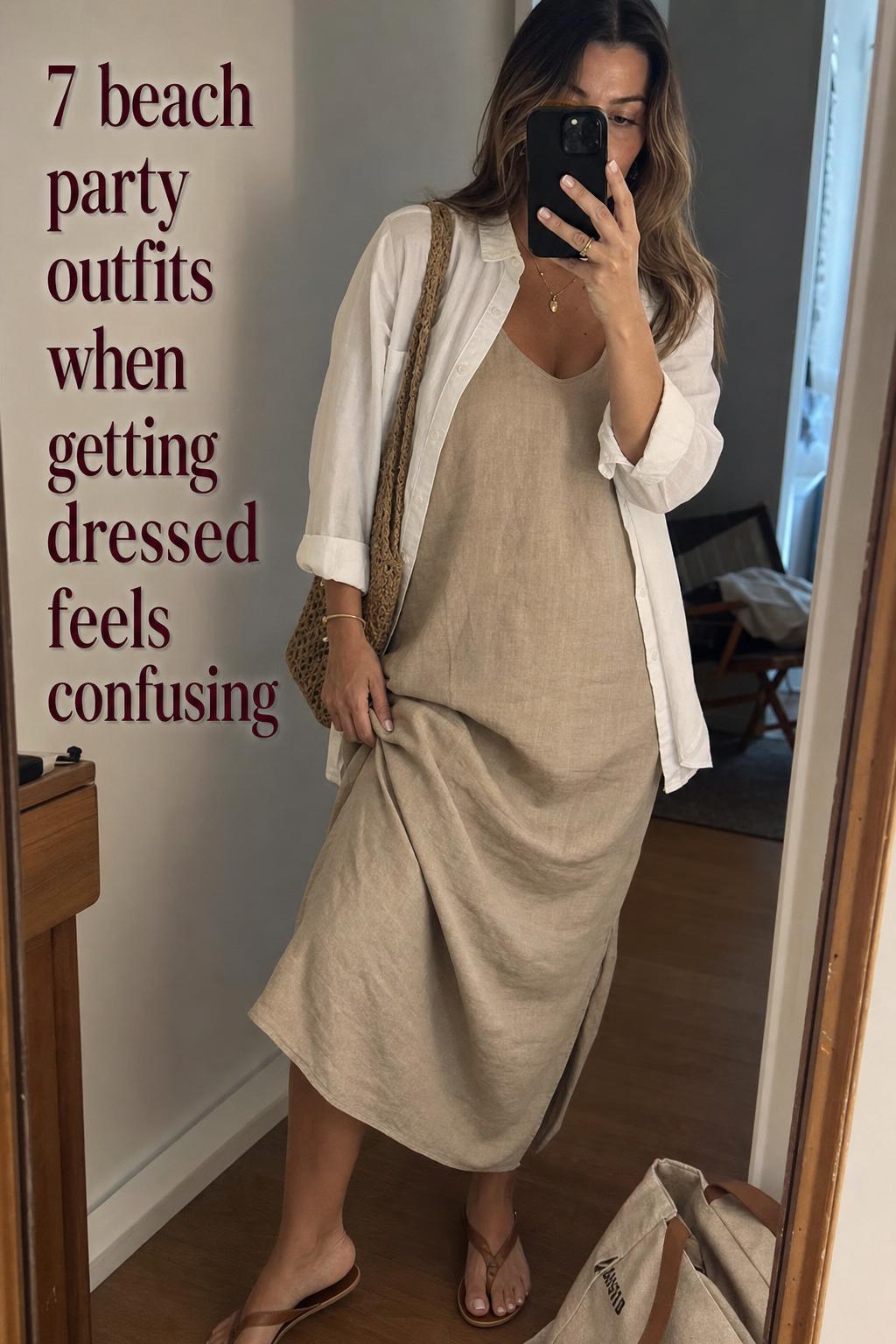 Mirror selfie of a woman styling beach party outfits in a casual apartment entryway with linen dress and tote