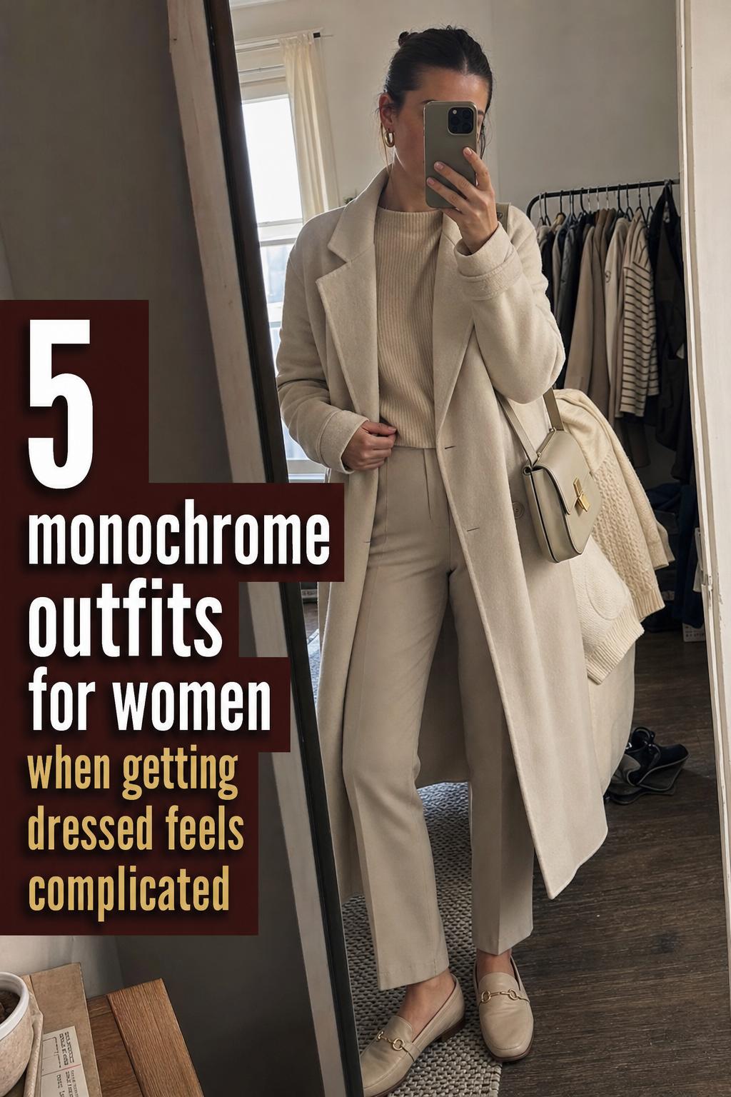Mirror selfie in apartment entryway wearing cream-beige layers, monochrome outfits for women text overlay