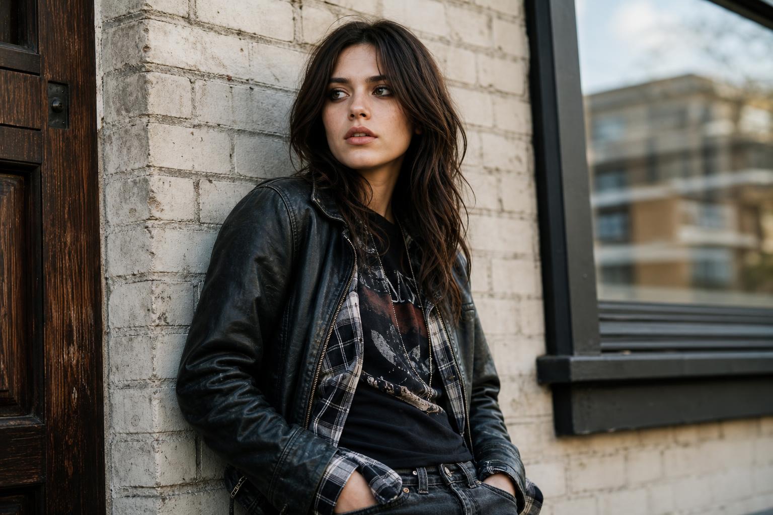 2000s grunge outfits with flannel, band tee, ripped jeans, and combat boots in a modern street style look
