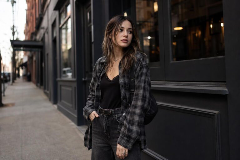 Grunge style outfits in a modern city street with plaid flannel, washed band tee, straight jeans, and chunky boots