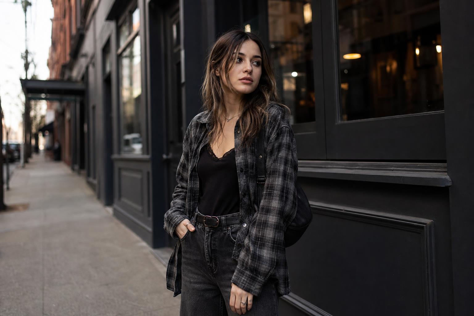 Grunge style outfits in a modern city street with plaid flannel, washed band tee, straight jeans, and chunky boots