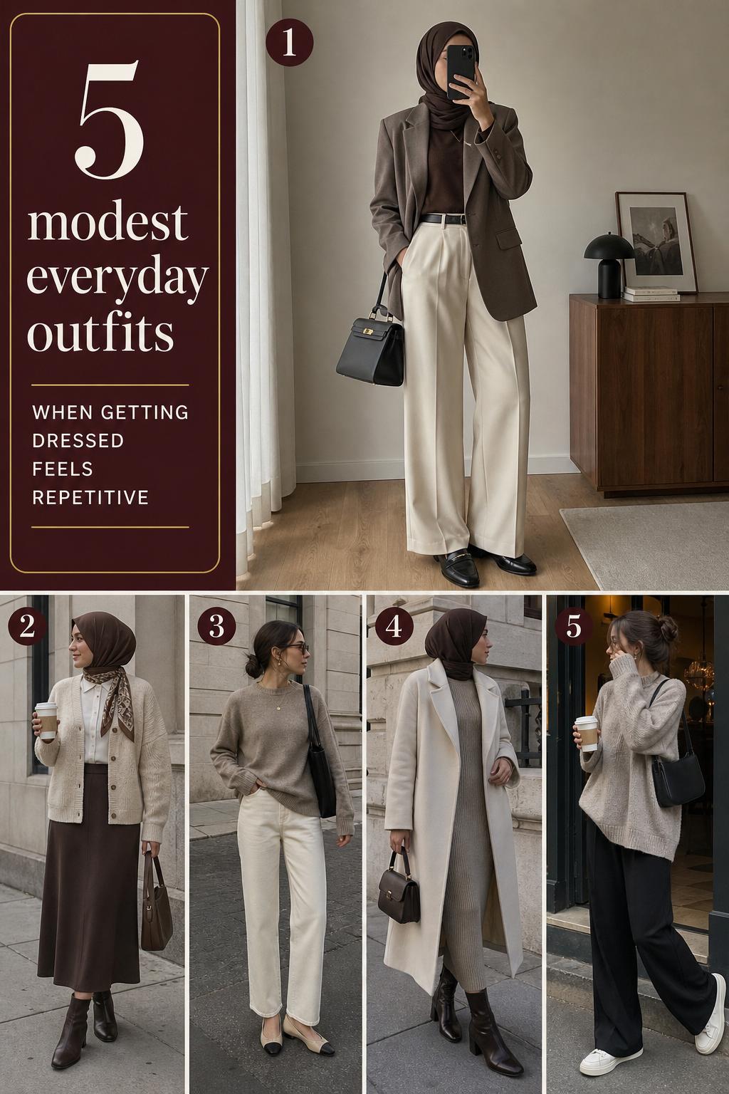 Modest everyday outfits pin featuring five modern neutral looks with blazers, knits, midi skirt, coat, and trousers