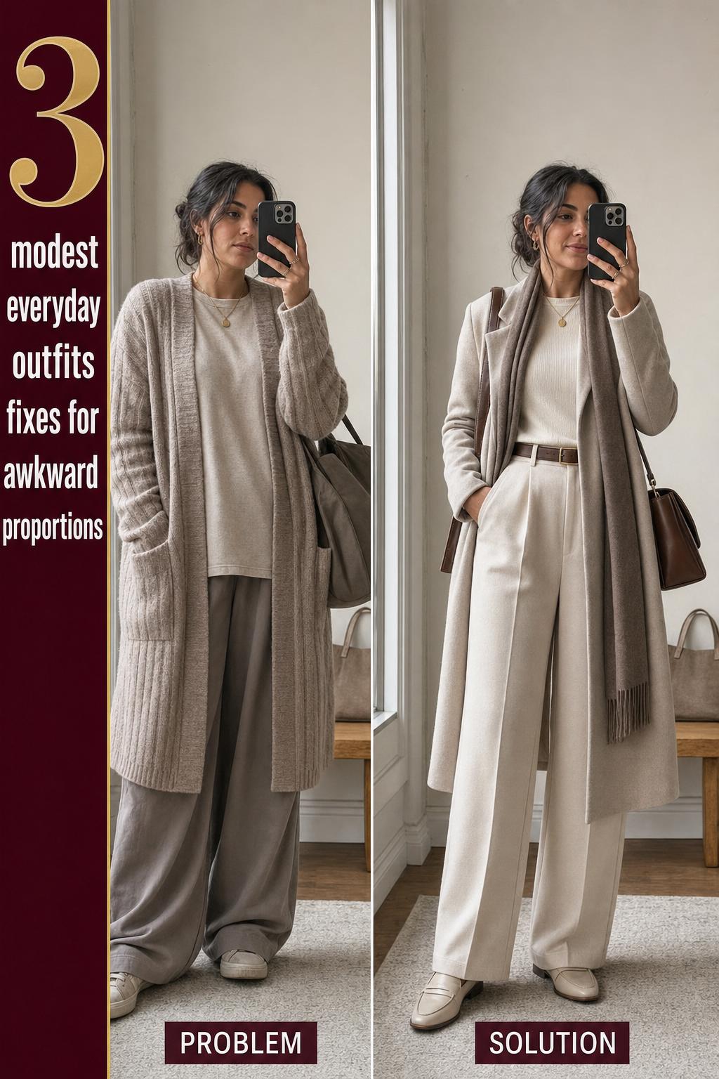 Modest everyday outfits photographed in soft natural light, featuring comfortable layered clothing for daily wear.