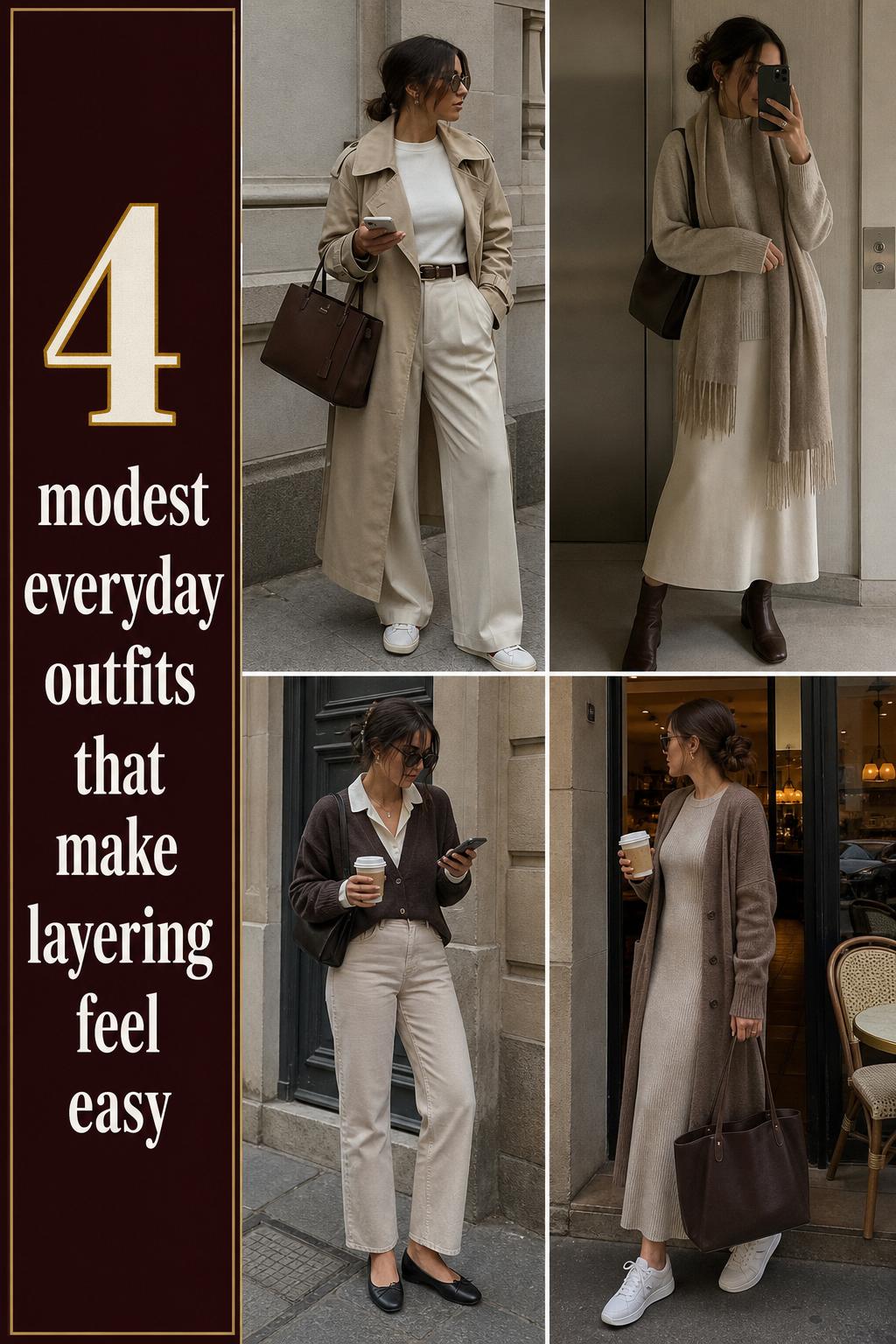 Modest everyday outfits grid with four neutral layered looks, trench, knit skirt, straight-leg pants and dress styling.
